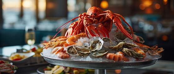 Feast for the senses with a luxurious platter of fresh lobster, oysters, and shrimp