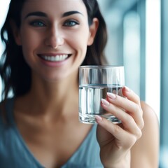 A Health concept. Horizontal banner image, on foreground caucasian female hand holds glass of clear water give to camera smiling selective close up focus.