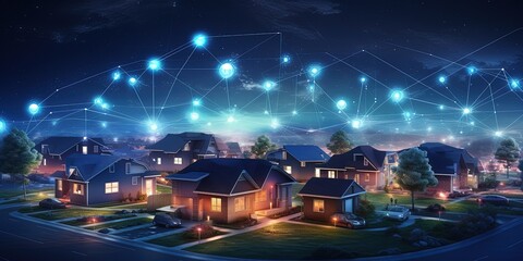 A peace ful digital suburban community, smart homes and digital community. DX, Iot, digital network in society concept. suburban houses at night.