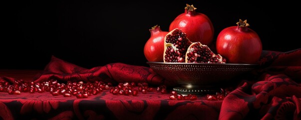 a pomegranate sitting on top of a pile of pomegranates on top of a red table next to a red cloth and black background. - Powered by Adobe