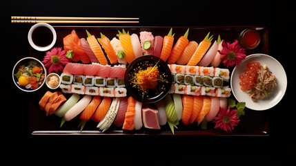 A symphony of sushi rolls, nigiri, and sashimi, meticulously arranged for the perfect dining experience