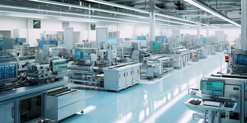 A semiconductor fabrication plant. A modern clean and organized DX age production factory.