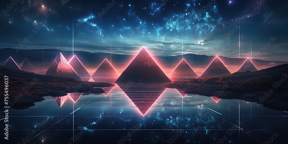 Poster a surreal landscape with neon-lit triangles and pyramids arranged in rows with misty reflection
