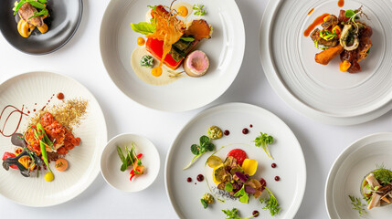 Gourmet dishes artfully arranged on pristine white plates, creating a visual tapestry of flavors and textures