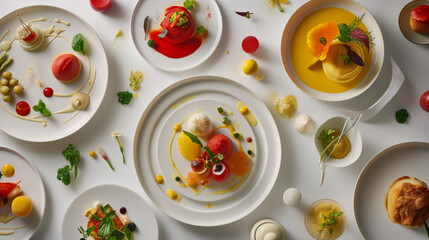 Diverse culinary creations exquisitely arranged, a banquet of flavor and color on pristine white plates