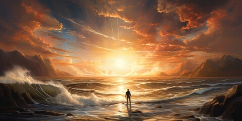 A solitary figure traverses the rugged shoreline, a vivid canvas of nature's majesty, with the fiery sun sinking into the endless expanse of the ocean, while the restless waves crash against the gold - obrazy, fototapety, plakaty