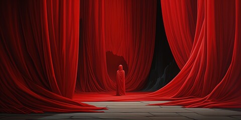 A solitary figure, draped in crimson, contemplates their place in a whimsical world of art and imagination