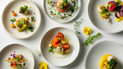 A culinary display of vibrant gourmet creations, each dish an ensemble of flavors on white porcelain