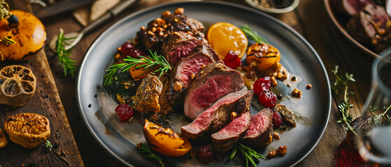 Succulent slices of steak paired with roasted vegetables, a dish that promises a hearty and flavorful experience