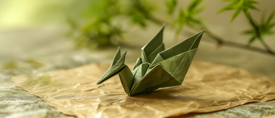 A green origami crane rests on crinkled paper, a symbol of peace and tranquility in nature