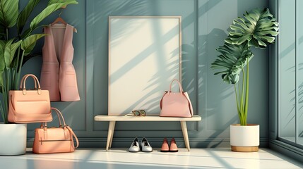 Fototapeta premium Stylish Fashion Event Invitation with Pink Handbags and Shoes Set Against a Light Blue Wall and White Poster Frame