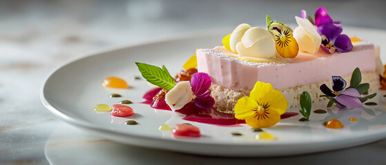 An edible canvas of delicate pink cheesecake adorned with vibrant edible flowers and artistic sauce drops