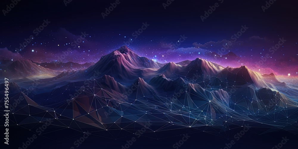 Poster abstract cyberspace landscape with mountains connected with lines in low poly style