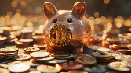 Bitcoin Piggy Bank Surrounded by Coins Glowing in a Golden Hue of Prosperity