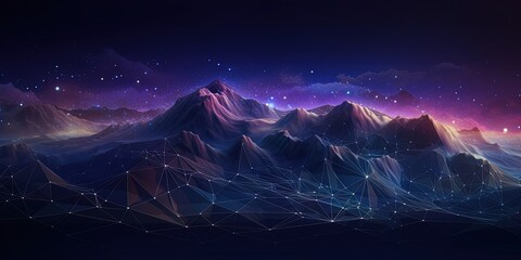 Abstract cyberspace landscape with mountains connected with lines in low poly style