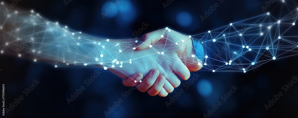 Poster abstract image of business handshake in glowing blue. low polygon, particle, and triangle style desi