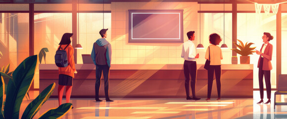 illustration of people in a large room