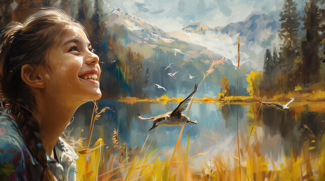 Illustration of a girl happy in nature