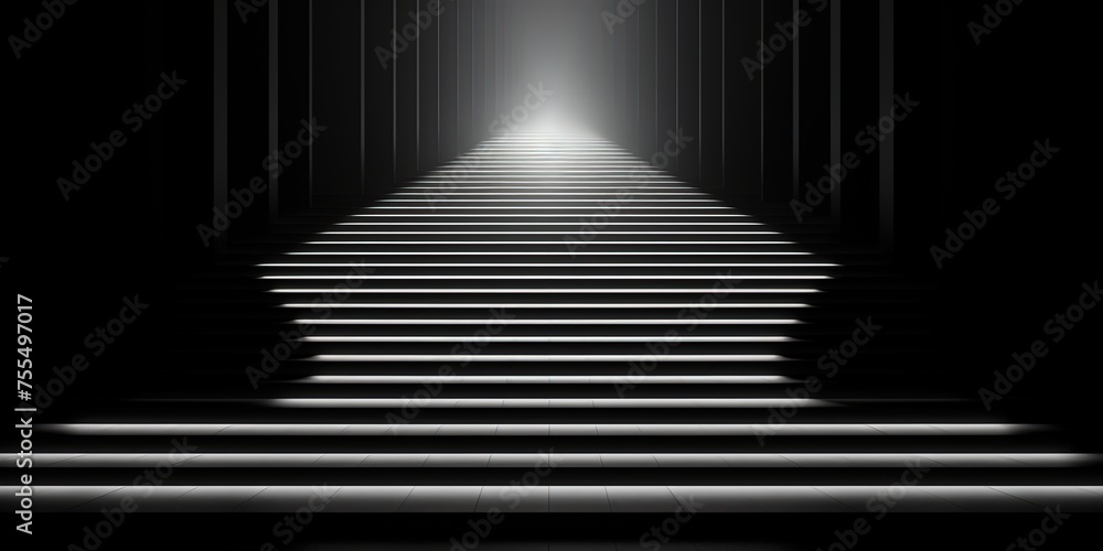 Poster an abstract composition of a single light illuminating the symmetry of a dark staircase at night, cr
