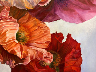 The original oil painting. Large flowers are painted. Beautiful, pink, red, white flowers.Beautiful flower petals. For design, postcards. Wallpaper. Wall art. 