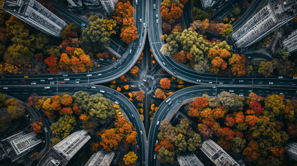 Scenic huge road interchange with transportation traffic, highway, expressway, aerial view, illustration