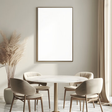 Cozy Dining Room with Wooden Furniture with Interior Mockup with one white picture frame on background