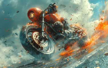 Dynamic motorcycle in action with water splashes and fiery explosion, conveying speed and adventure. - obrazy, fototapety, plakaty