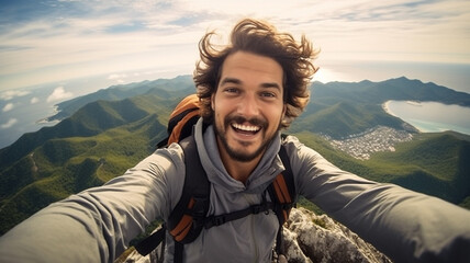 man tourist taking selfie on the top of mountain - obrazy, fototapety, plakaty
