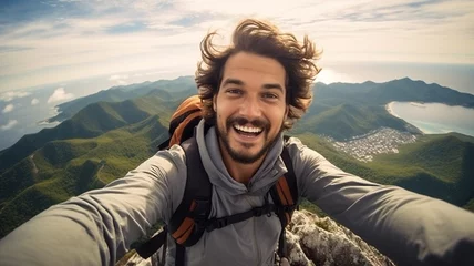 Foto op Plexiglas man tourist taking selfie on the top of mountain © Yuwarin
