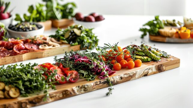 A wooden board laden with a gourmet spread of colorful vegetables, cured meats, and herbs, perfect for elegant entertaining.