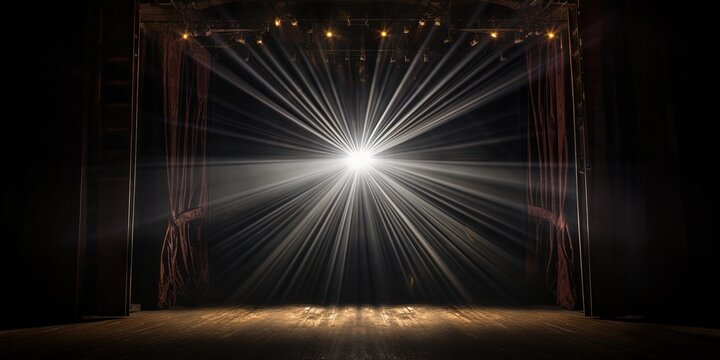 Beams of light shine through partially opened theater curtains onto a dark stage, suggesting an imminent show