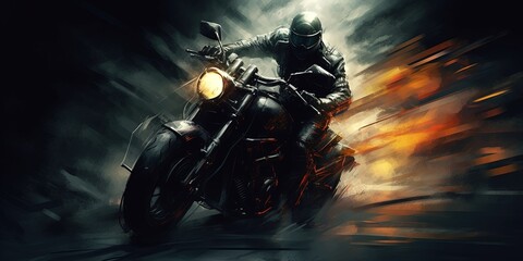 black motorcycle with rider - obrazy, fototapety, plakaty