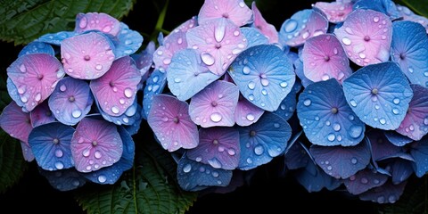 Blue Hydrangea (Hydrangea macrophylla) or Hortensia flower with dew in slight color variations ranging from blue to purple. Focus on middle right flowers. - obrazy, fototapety, plakaty