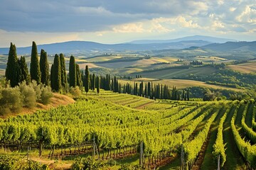 Fototapeta premium Lush green vineyard with cypress trees