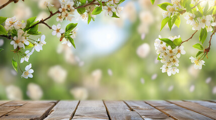 Spring background with flowering branches and wooden base