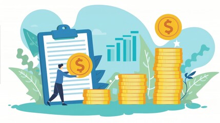 A character appears pushing a large coin towards a stack of coins a clipboard of data floated beside the stack of coins.