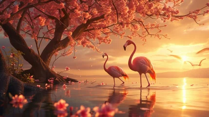 Schilderijen op glas Birds Pink Flamingos Walk on the Lake at the Pink Sunset in Cyprus, Beautiful Romantic Concept © Ruslan Gilmanshin