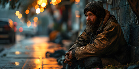 Old Homeless Man Sitting on the Street in Winter. Homeless Beggar on Snowy Street - obrazy, fototapety, plakaty