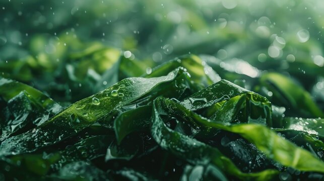 Close-up of vibrant green seaweed leaves, glistening with fresh raindrops, embodying the essence of aquatic flora.