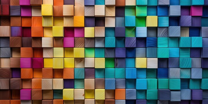 Colorful wooden blocks aligned. Wide format.