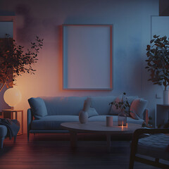 Interior Mockup with one white picture frame on background cozy evening interior with warm lighting and comfortable living room setting