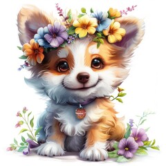 Joyful Puppy of corgi dog in a Flower circlet on hand, airbrush easter illustration - obrazy, fototapety, plakaty