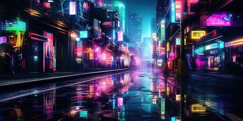 Cyberpunk aesthetic of a city street flooded with neon lights and reflections - obrazy, fototapety, plakaty