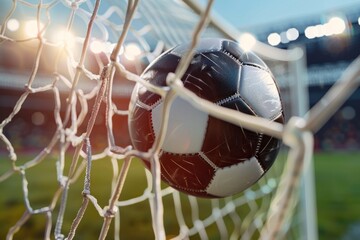 A soccer ball is stuck in a net. The net is white and the ball is black and white.Football concept