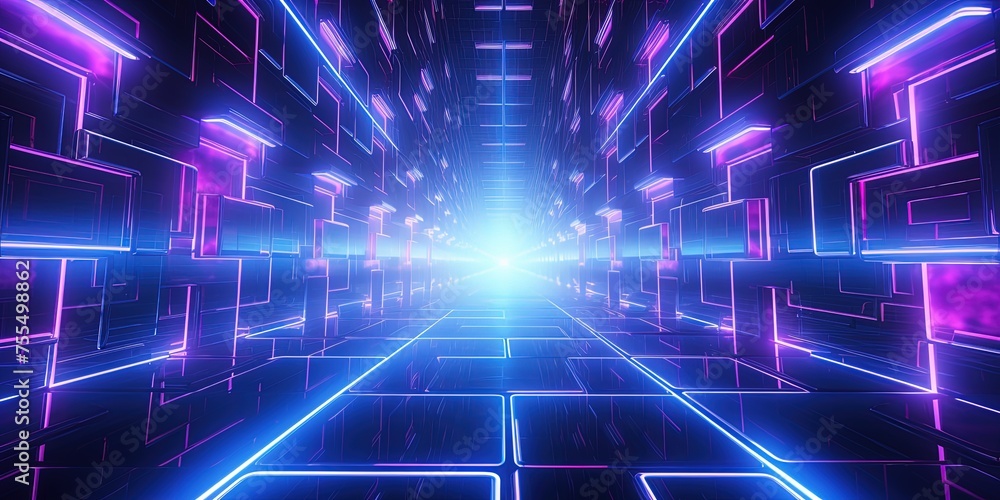 Poster digital grid with blue and pink neon lights presenting a futuristic matrix-like design in a virtual 