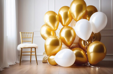 Fototapeta na wymiar Golden colored balloons on white wall interior background indoor. Festive backdrop. Set of foil balloons with curly ribbons. Valentine's Day, wedding, birthday party decoration. Front view. Copy space
