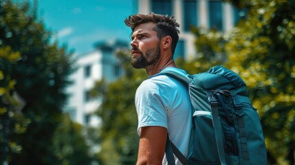 A young man with a beard, gazing intently, wears a light blue t-shirt and carries a teal backpack through an urban green area. - obrazy, fototapety, plakaty