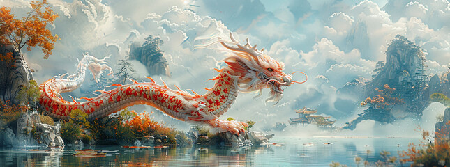 Majestic Asian dragon soaring over a tranquil lake with autumn foliage.