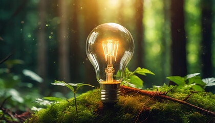 Glowing light bulb in dark green forest. Renewable energy source. Natural background.