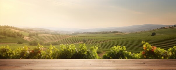Empty wood table top with on blurred vineyard landscape background, for display or montage your...